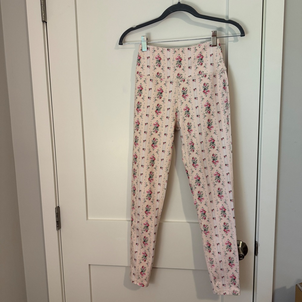 LoveShackFancy Womens Pink Floral Striped High Waisted Leggings XS Athleisure‎